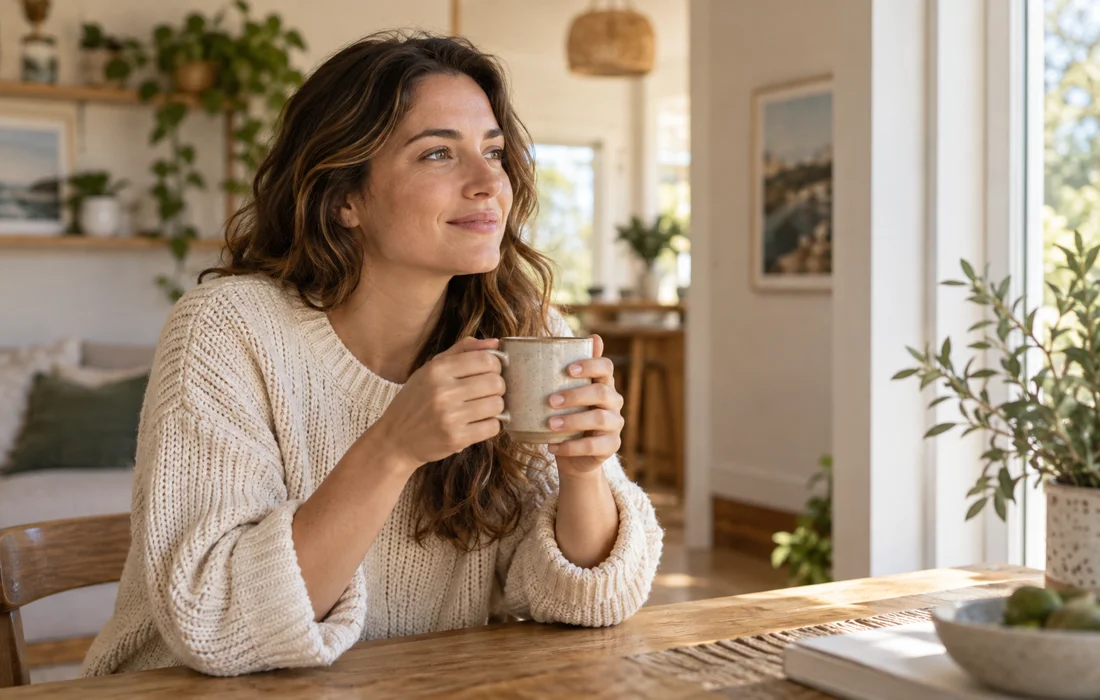 A woman enjoying a quiet moment with a cup of coffee at home