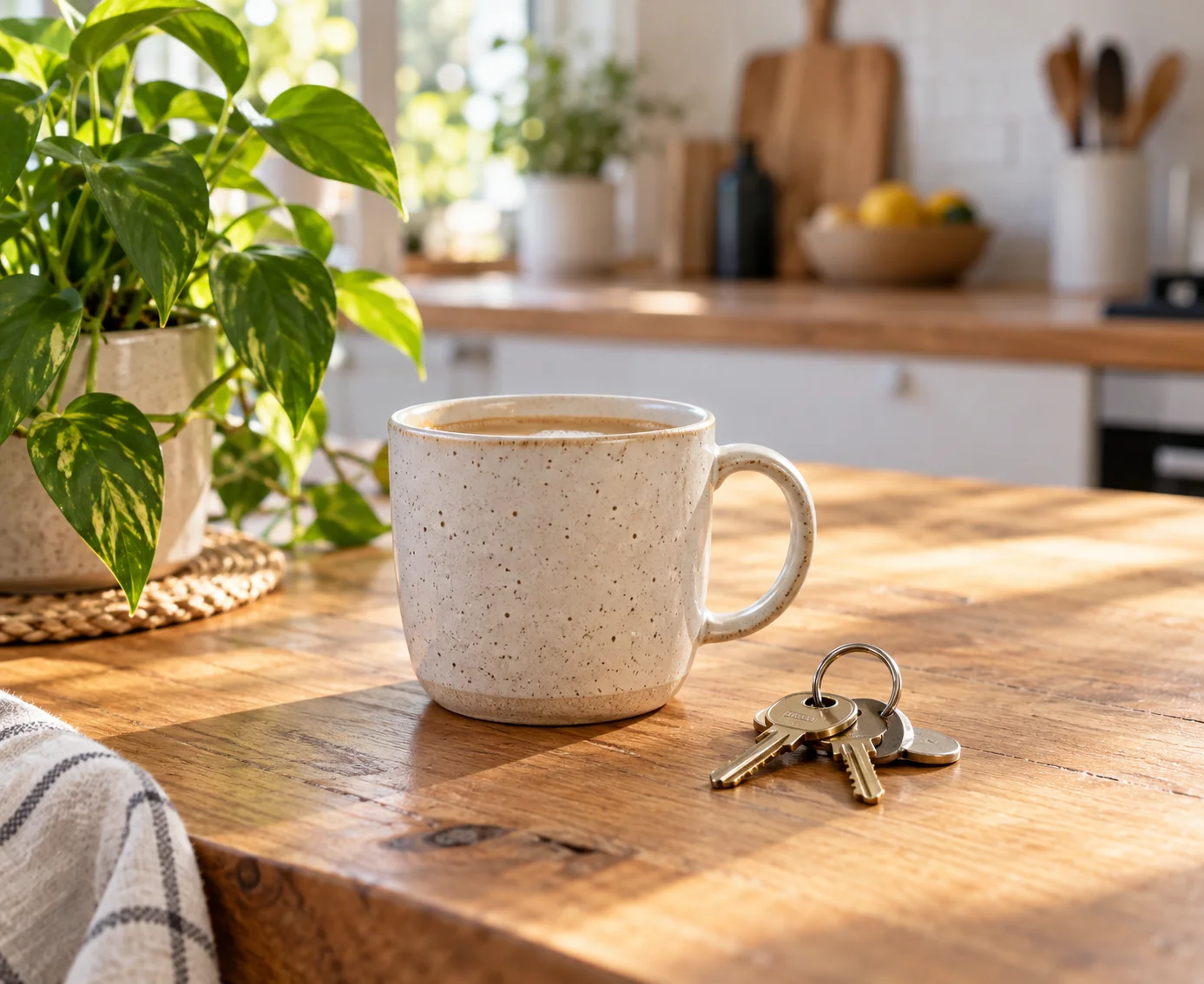 House keys and a coffee cup on a sunlit kitchen bench