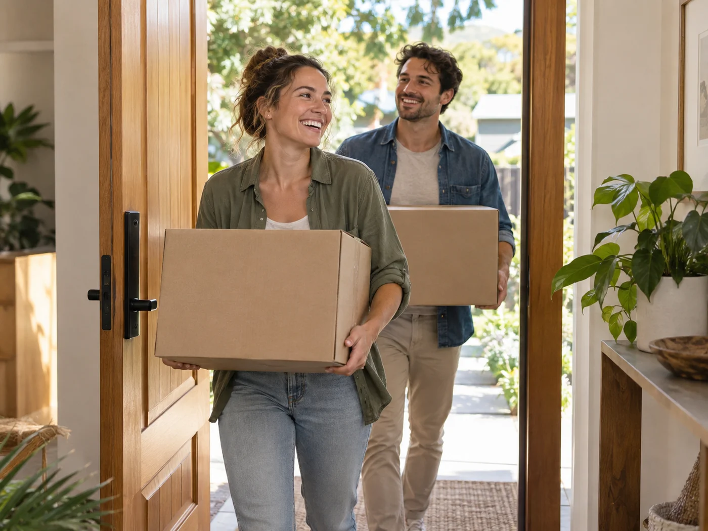 A couple carrying moving boxes into their new home